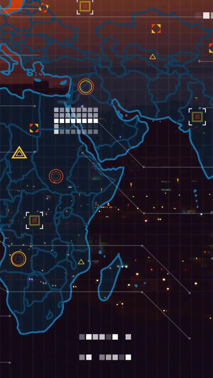 Animation of world map with data processing over cityscape