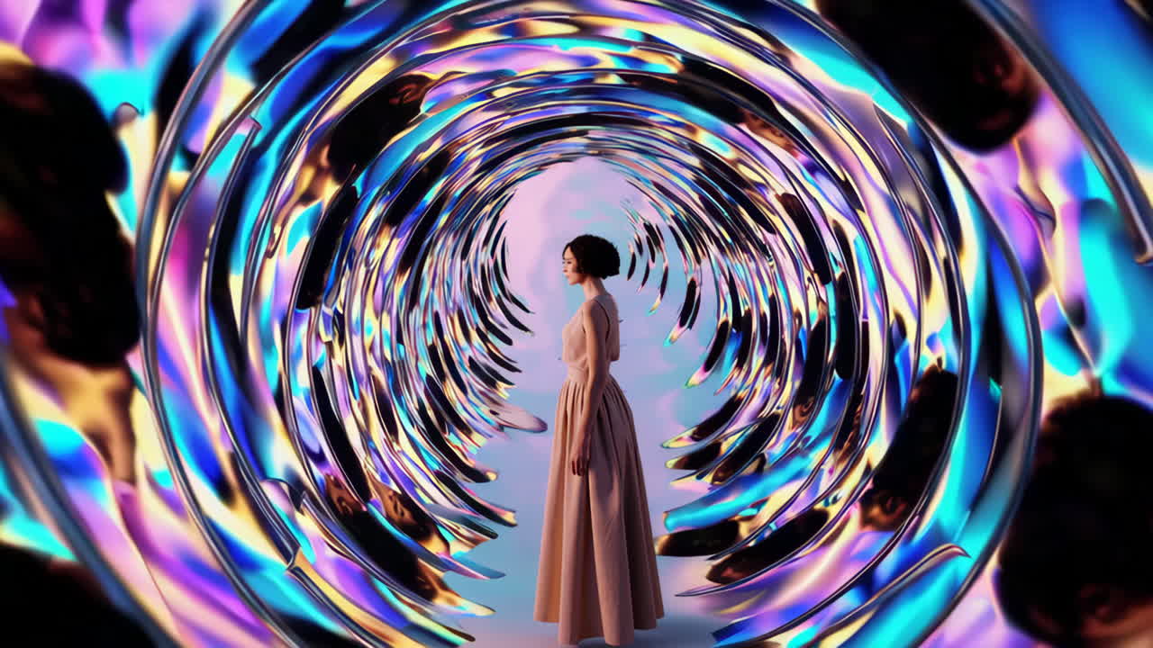 Woman in a Vibrant Abstract Tunnel