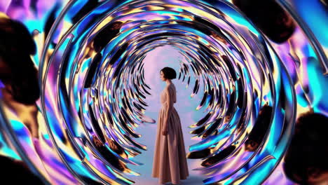 woman in a vibrant abstract tunnel