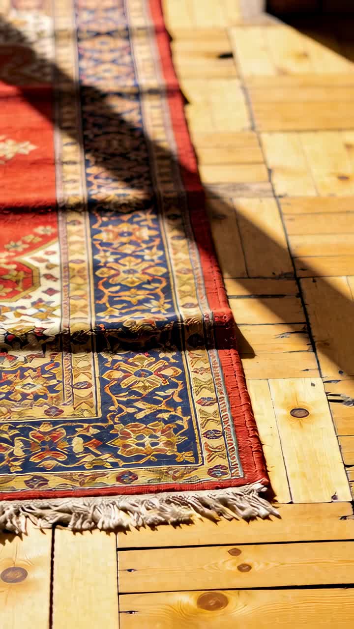 Video verticale: Raggio di sole che attraversa la casa mostrando il bordo di un tappeto persiano e il pulviscolo per la texture.