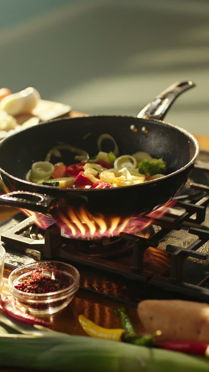 Stir-fry cooking in a wok on a gas stove