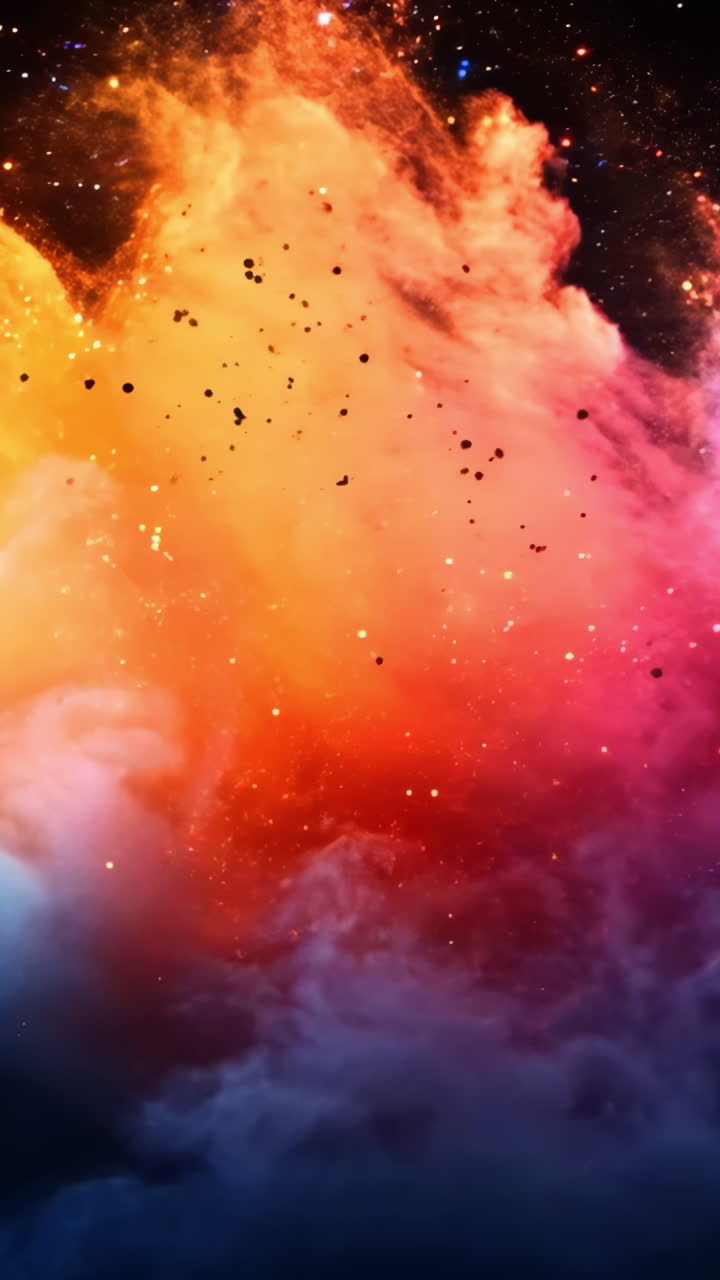 A colorful explosion of smoke and fire in the sky. The colors are ...