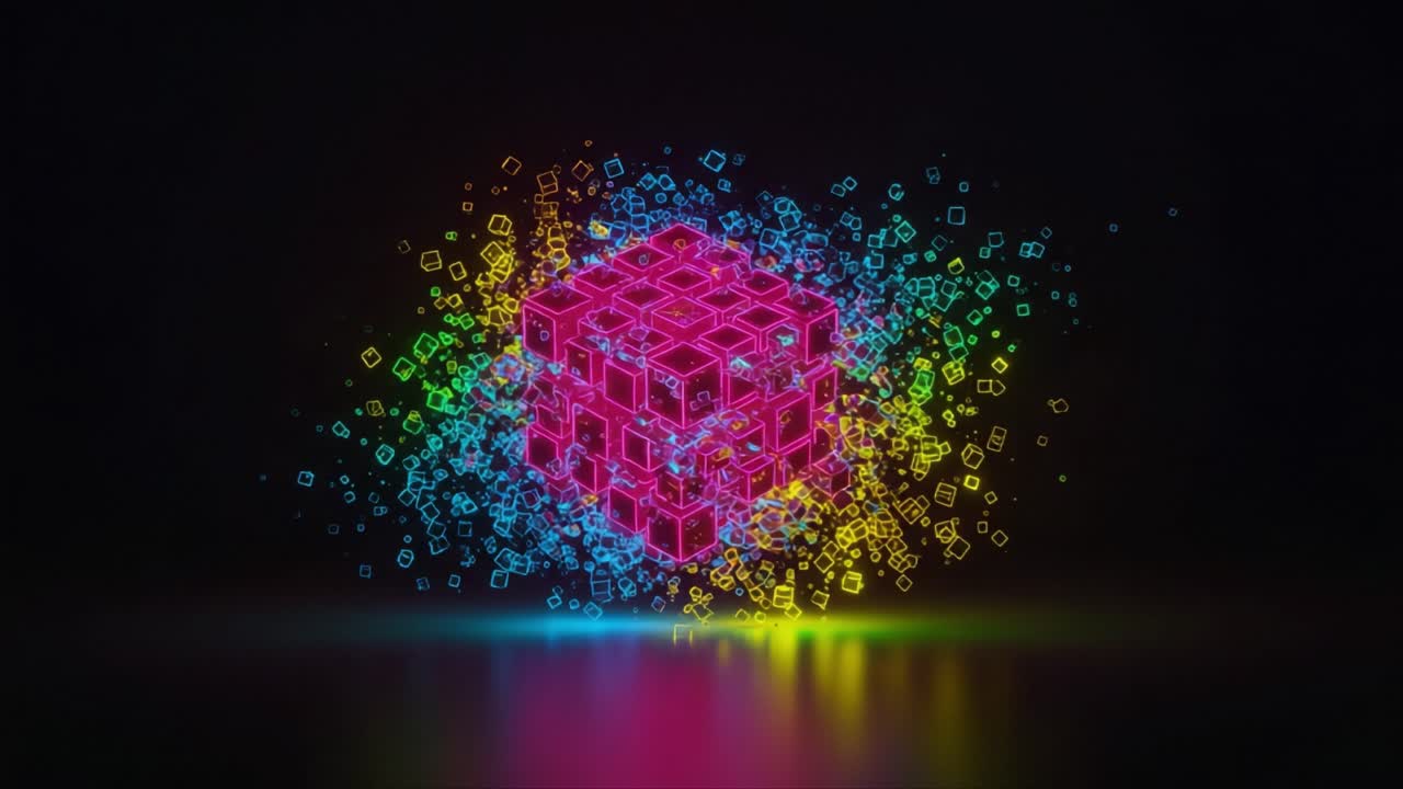 En levende transformation: En farverig terning, der udvikler sig gennem digitale partikler, og viser en blanding af neonfarver og geometriske former i et dynamisk rum.