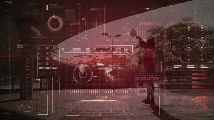 Donna che cavalca un hoverboard sotto una tettoia curva, mostrando grafici di dati rossi fluttuanti per il design tecnologico