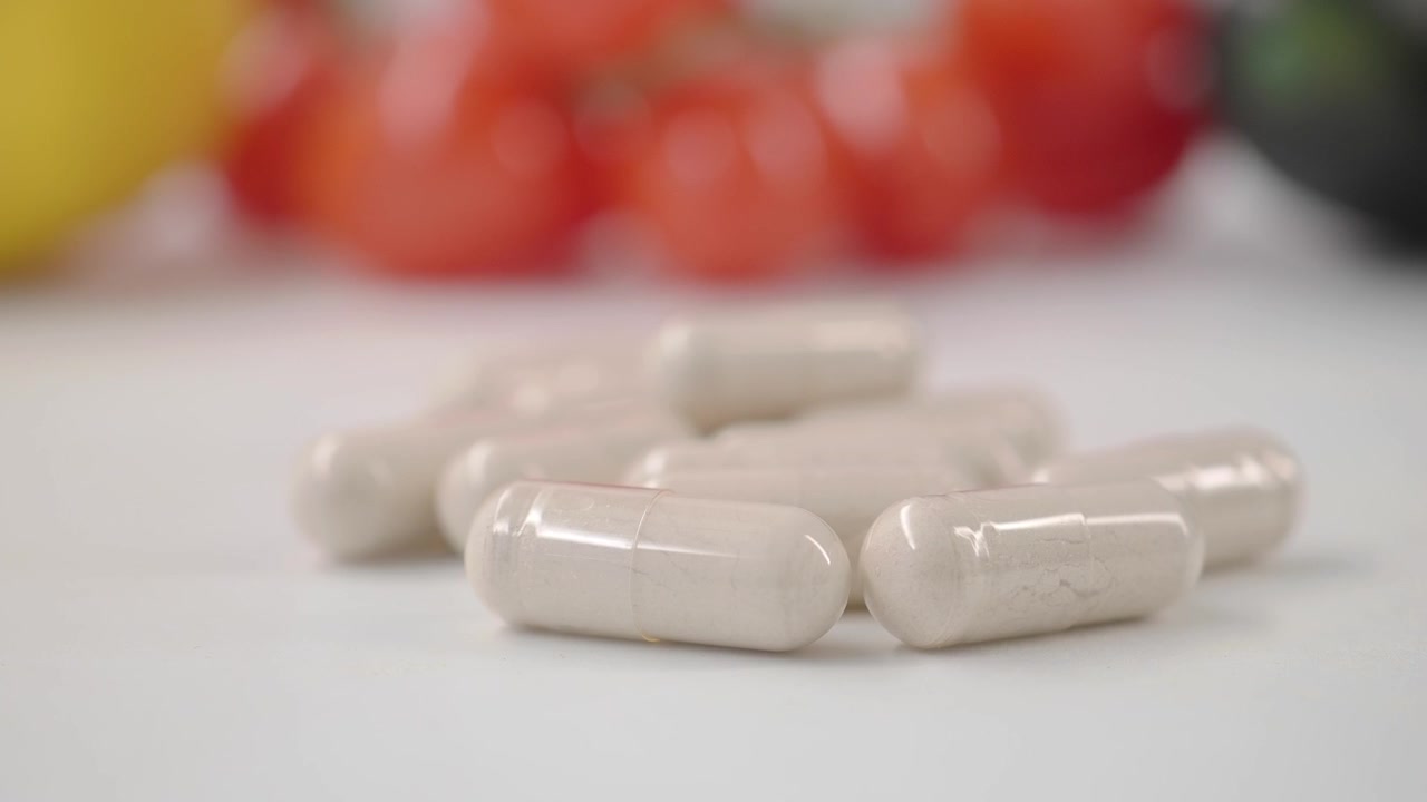 Capsule di integratori alimentari con frutta e verdura fresca