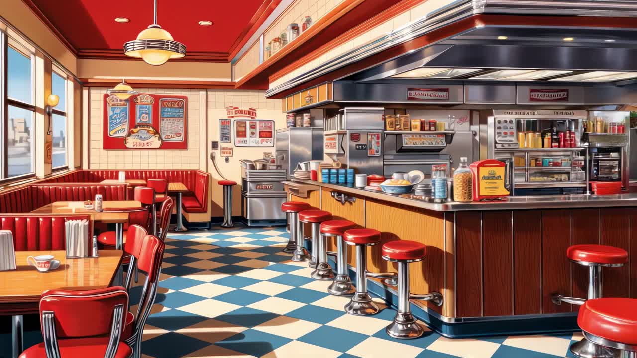 Retro diner interior with red booths and bar stools, captured from a wide-angle perspective