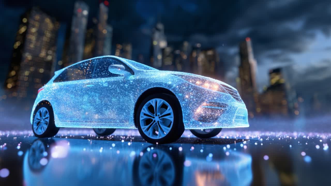 Een futuristische auto tentoongesteld in een betoverende stedelijke nachtelijke omgeving, glinsterend met schitterende sterren en lichten, ter illustratie van innovatie en technologie in het auto-ontwerp