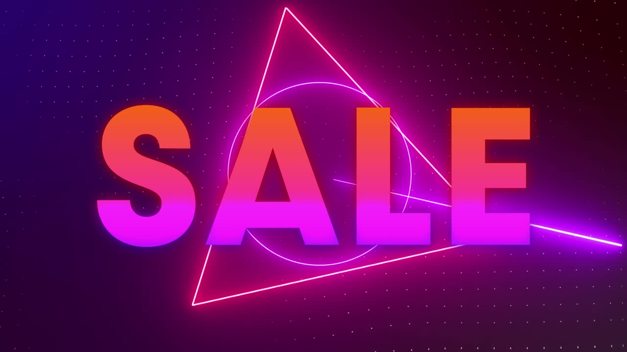 animaciones de texto de venta y formas geométricas en fondo oscuro