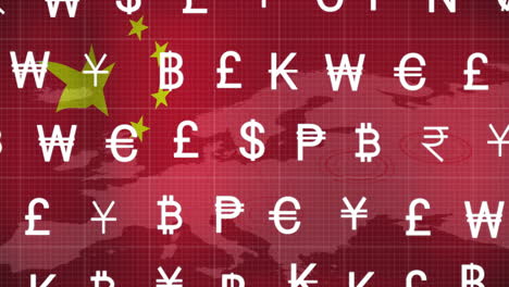 animation of currency signs and financial data processing over flag of china