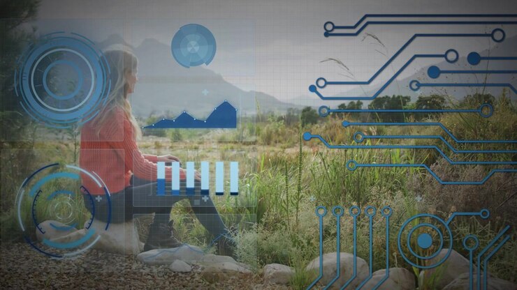 Donna seduta mentre la tecnologia avvia l'HUD, animando radar o montagne o lap-bar o circuiti, analizzando.