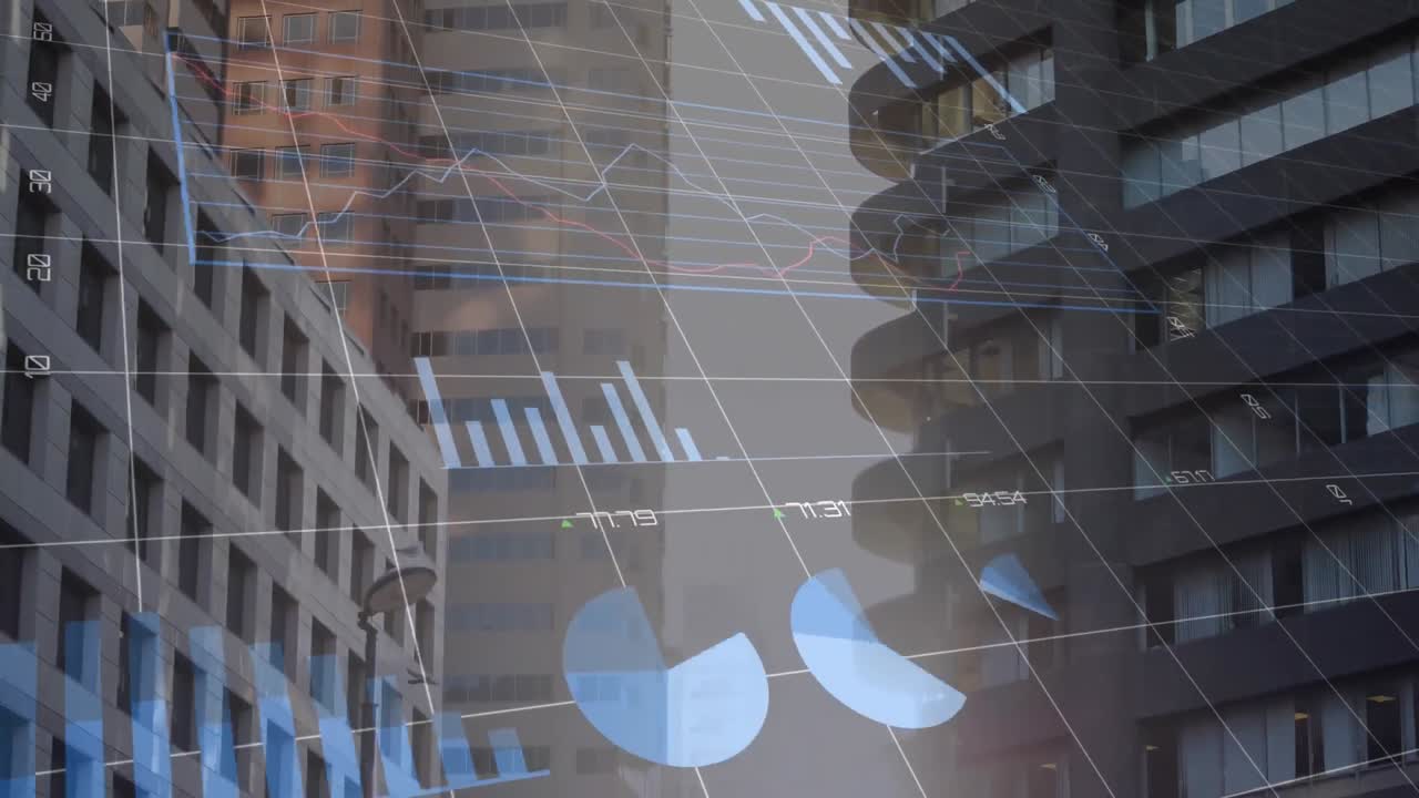 animación del procesamiento de datos estadísticos frente a la vista de edificios altos