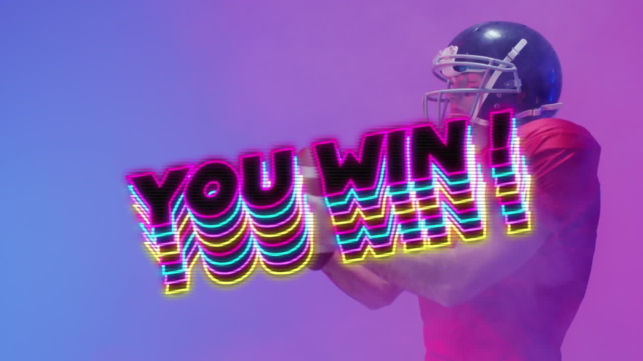 Animation of you win text over american football player on neon background
