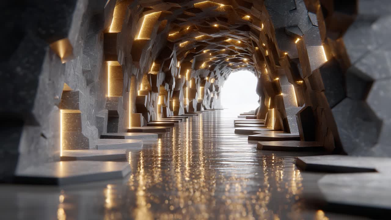 Exploring an Enigmatic Cave: A Mesmerizing Journey Through a Light-Filled Corridor Crafted from Intricate Rock Formations and Reflective Waters