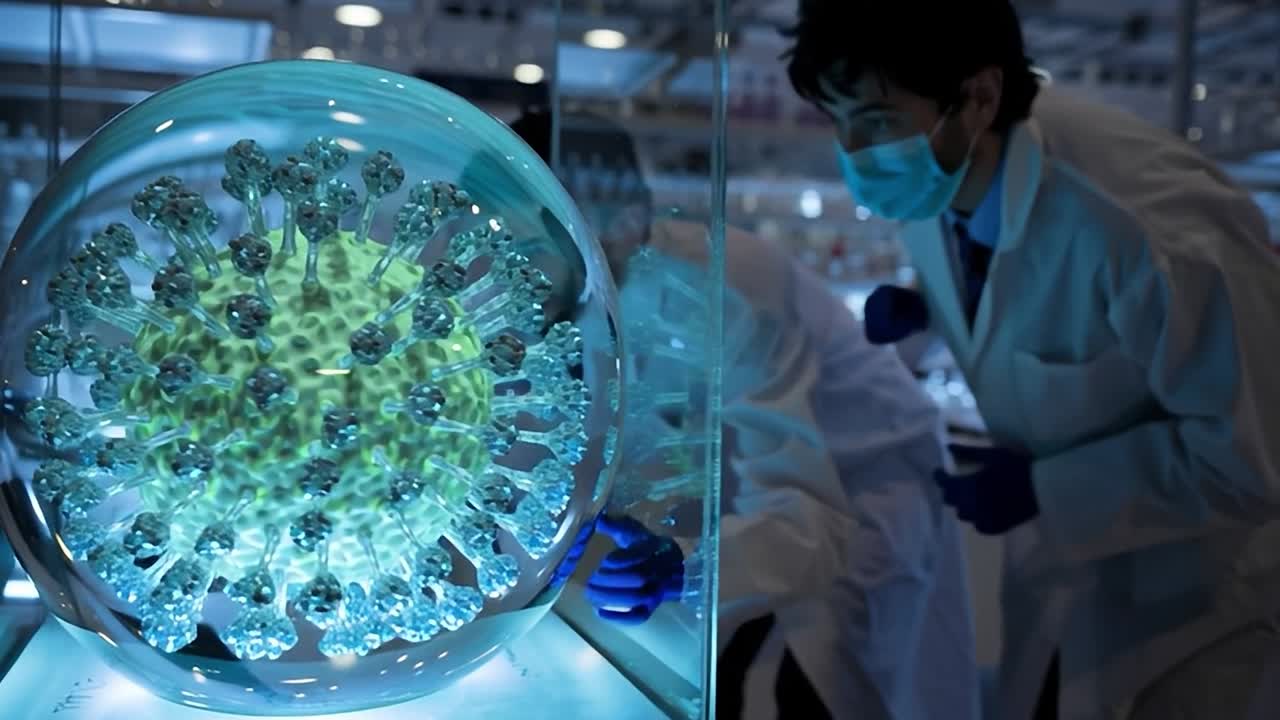Scientific display of virus model in a modern research laboratory