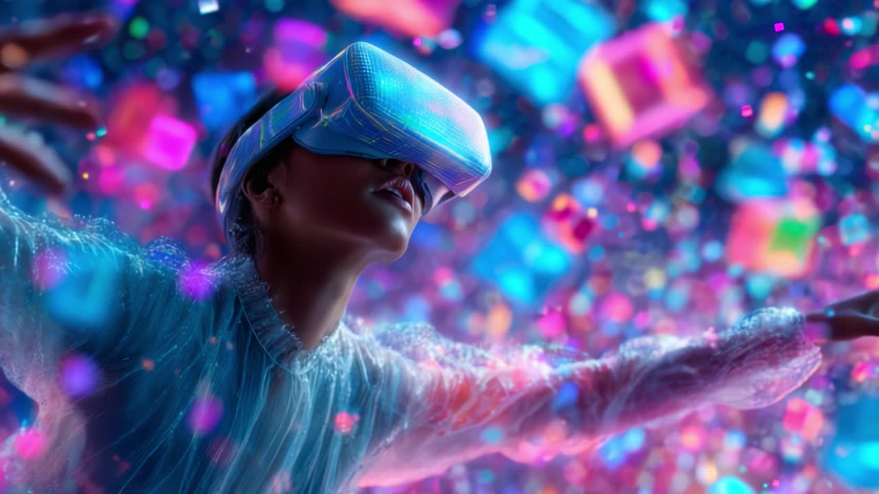A mesmerizing exploration of virtual reality, showcasing a young woman immersed in a vibrant digital world, surrounded by colorful geometric shapes and dazzling particles that evoke a sense of wonder and adventure