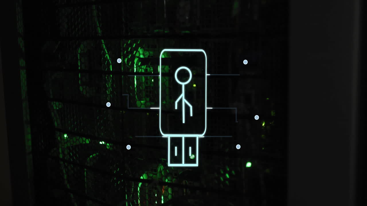 figura de palo dentro del símbolo usb con conexiones de circuito, animación de seguridad digital