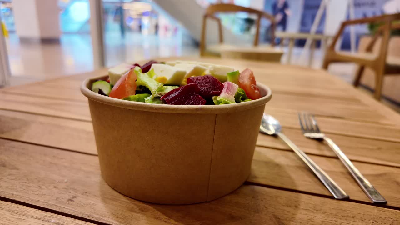 A healthy salad in a disposable bowl on a wooden table