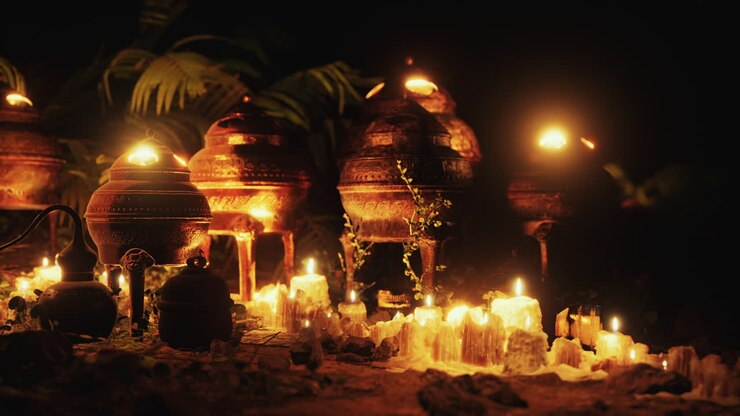 altare d'oro con candele di notte