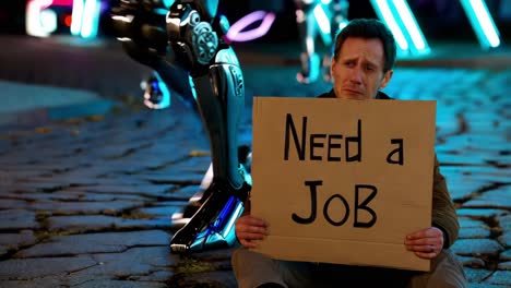 unemployed man in futuristic city