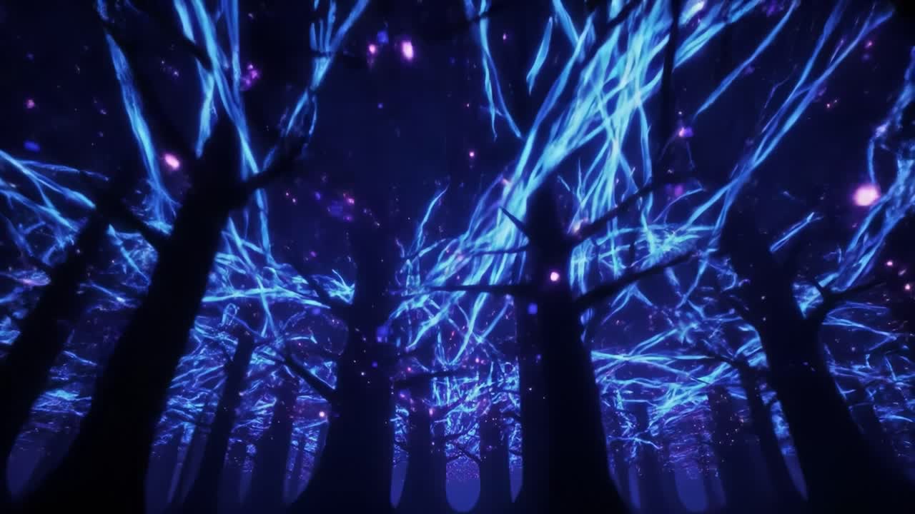 Explore a magical forest where dark trees stretch into a vibrant night sky filled with glowing lights. Experience the enchanting beauty and mystical atmosphere of this unique landscape.