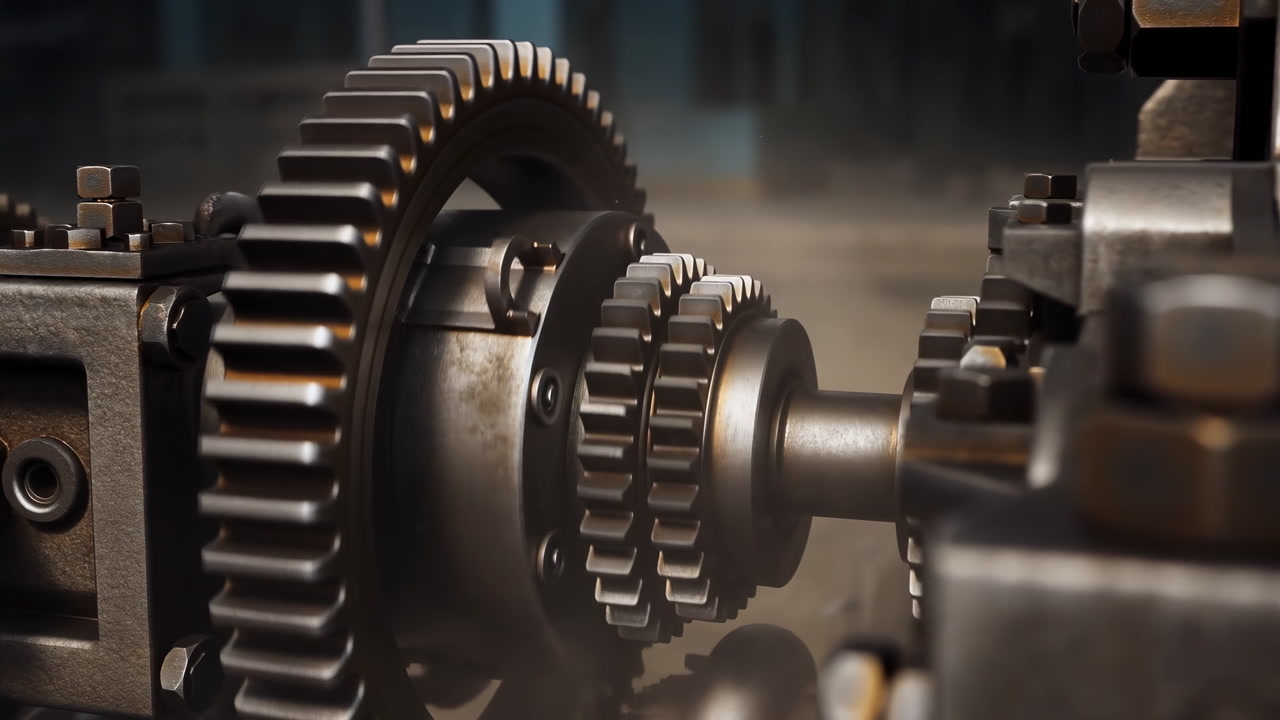 Closeup Steel Gears In Motion, Oilsheen Surfaces And Worn Teeth, Rotating Shafts Meshing With Cogwheels,