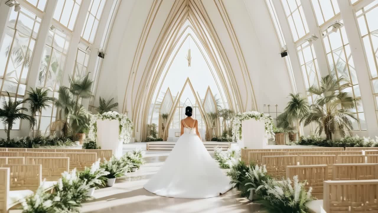 A bride's perspective in a sunlit cathedral, captured from a low angle