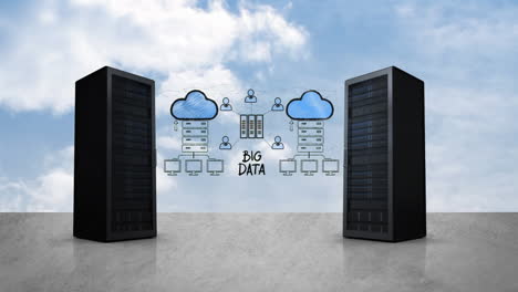 dos torres de servidores y un mapa de almacenamiento en la nube