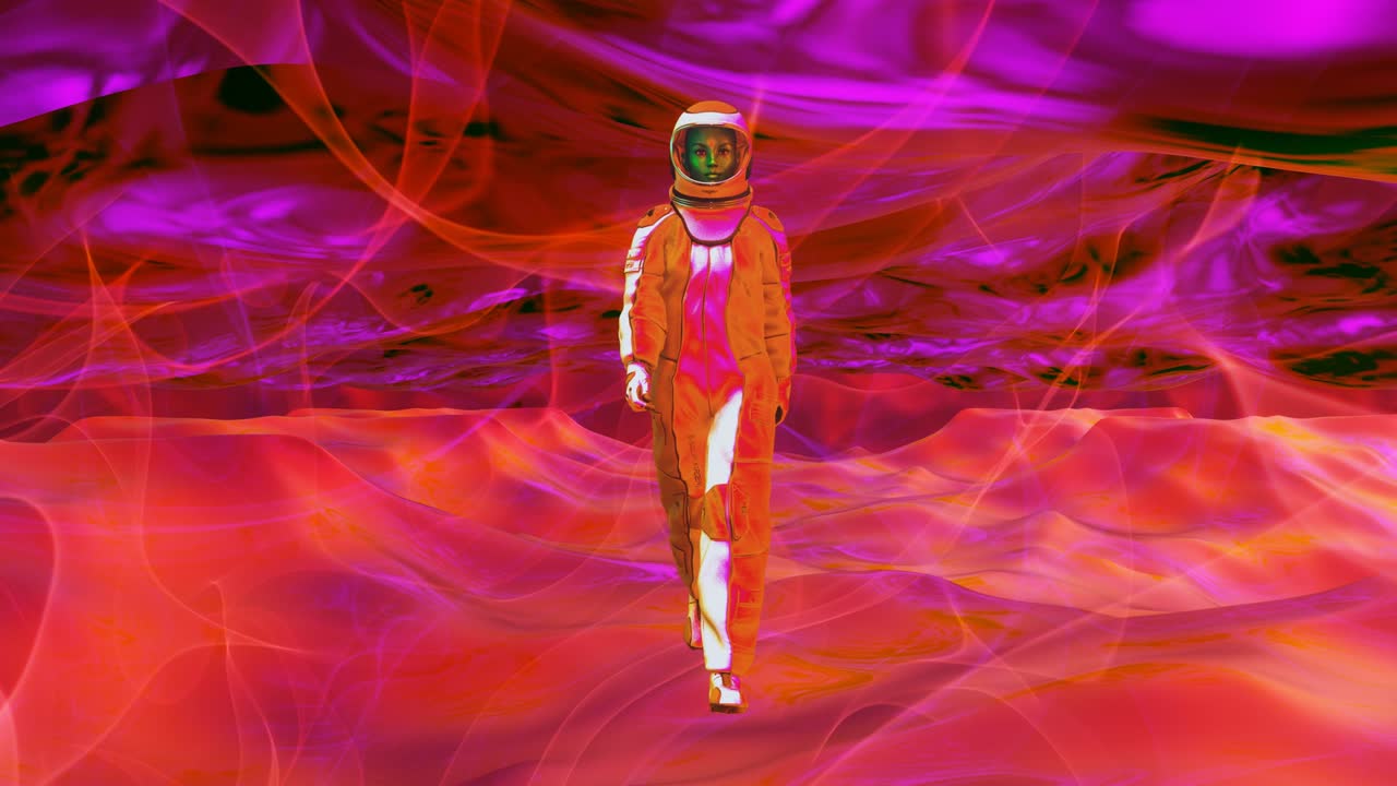 Caminata de un astronauta en un planeta místico naranja. Render 3D.
