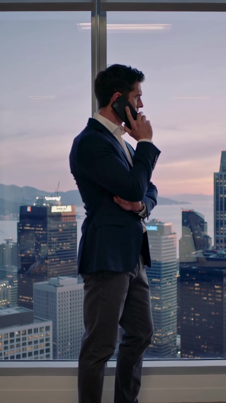 Vídeo vertical: Homem de blazer em uma chamada de negócios, segurando o telefone e olhando pela janela do escritório.