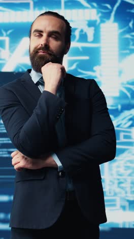 Vertical Video Tech savvy businessman employing AI brain data visualization