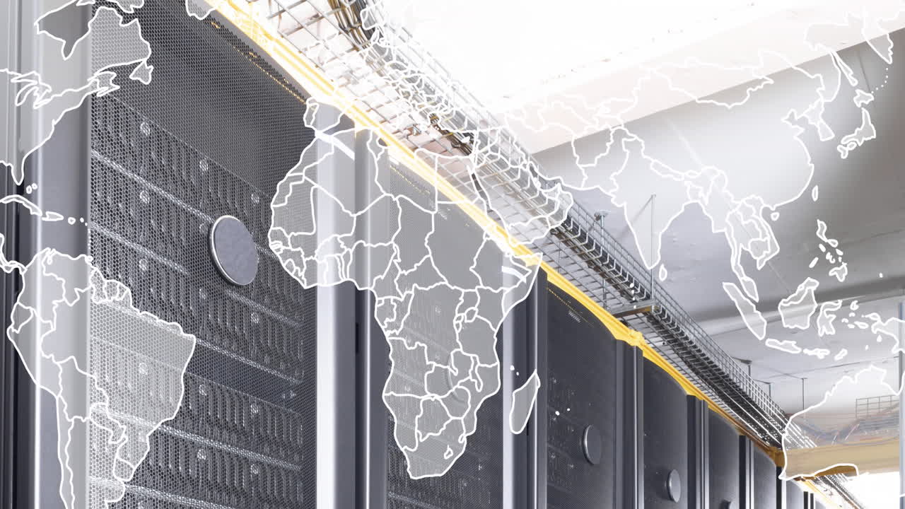 animación del mapa del mundo contra la sala del servidor de la computadora