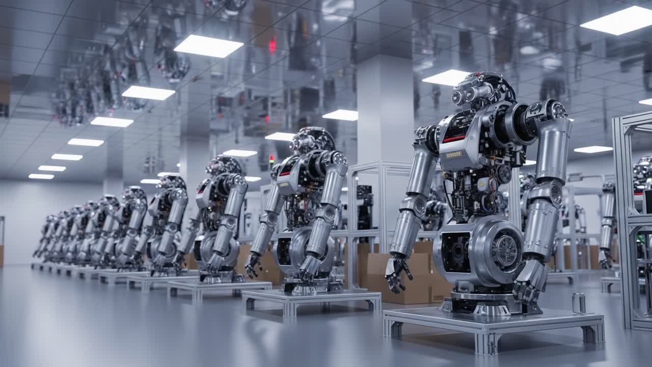 A Futuristic Assembly Line Filled with Advanced Robots Showcasing Cutting-Edge Technology in a Modern Industrial Environment