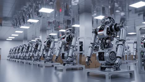 a futuristic assembly line filled with advanced robots showcasing cutting-edge technology in a modern industrial environment