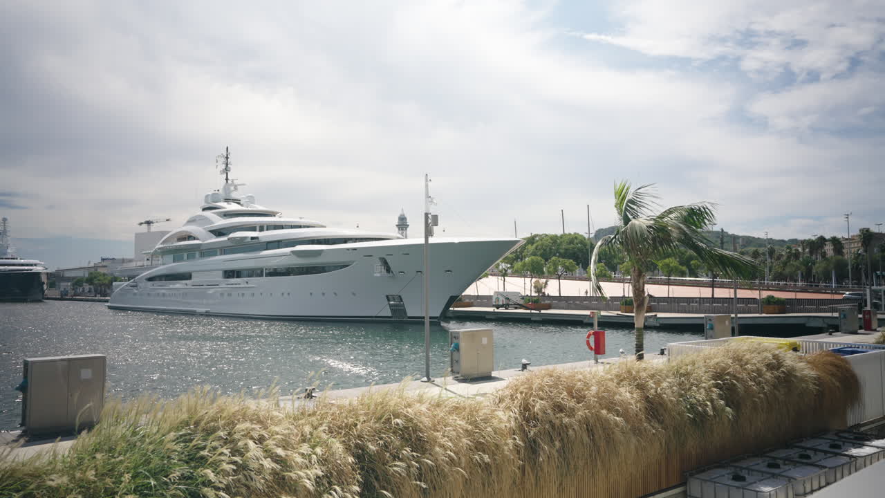Uno splendido super yacht ancorato nelle vivaci acque di Barcellona con una palma in primo piano
