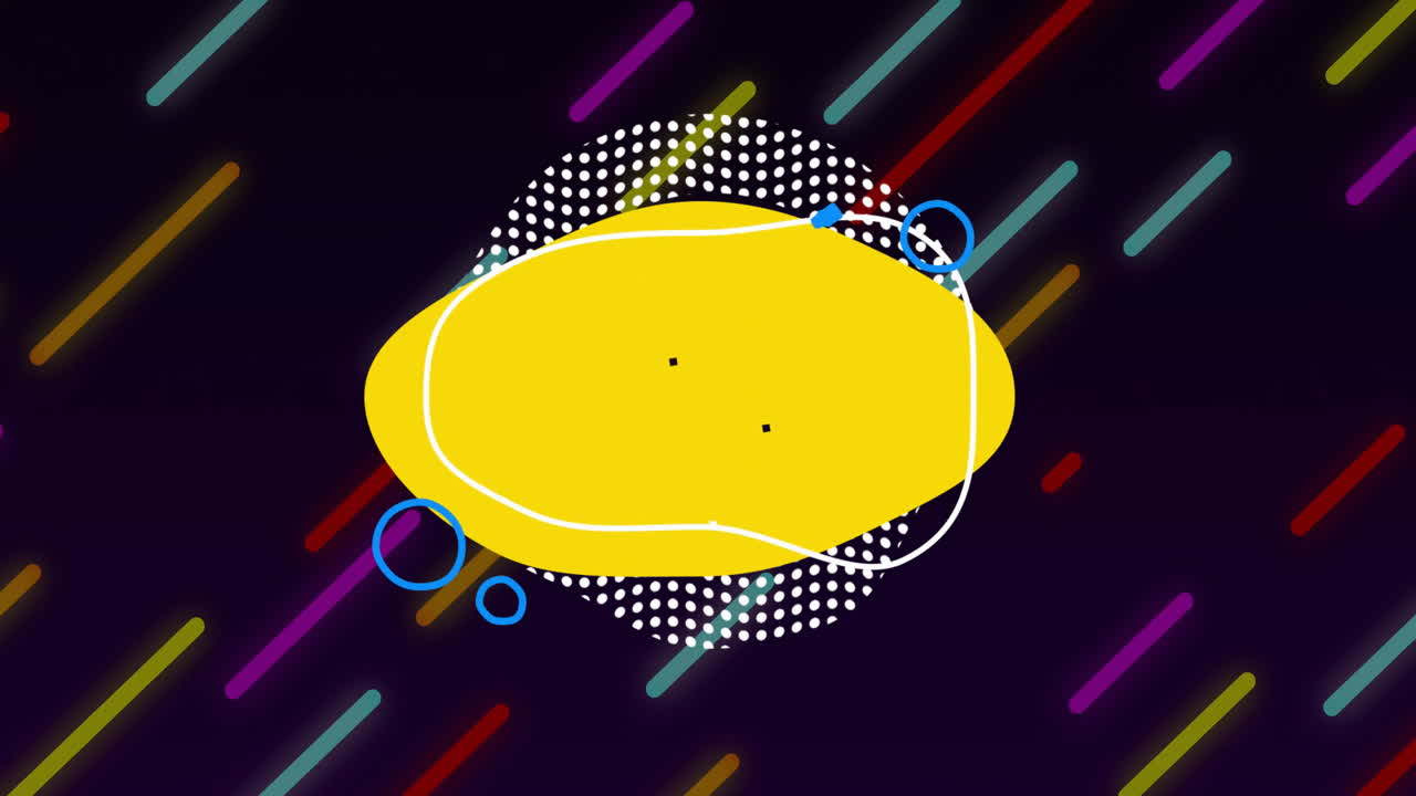 Animation of yellow shape with colorful lines and dots on dark background