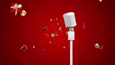 Animation-of-vintage-microphone-with-christmas-presents-falling-on-red-background