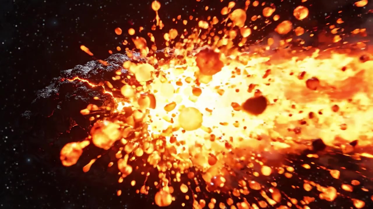 Si dispiega un evento cosmico esplosivo, mostrando un enorme frammento di asteroide che erutta lava fusa infuocata e detriti incandescenti che si riversano nelle profondità dello spazio, creando uno spettacolo visivo di distruzione