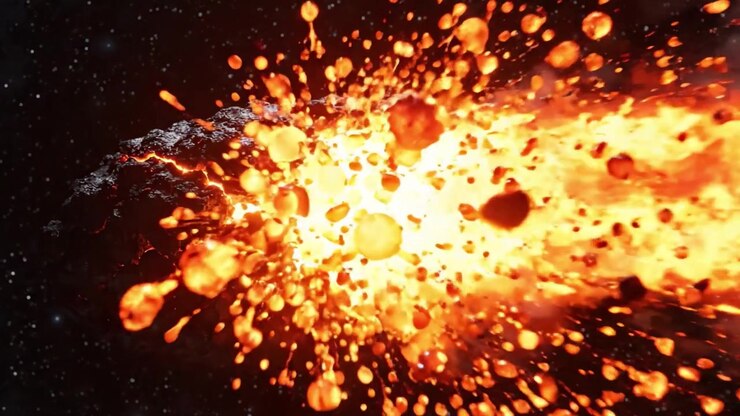 An explosive cosmic event unfolds, showcasing a massive asteroid fragment bursting with fiery molten lava and glowing debris spewing into the depths of space, creating a spectacular visual of destruction.