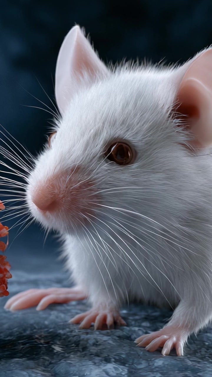 Un primo piano di un curioso topo bianco che esamina il suo ambiente e i dintorni con curiosità e meraviglia in un'ambientazione dettagliata e accattivante.