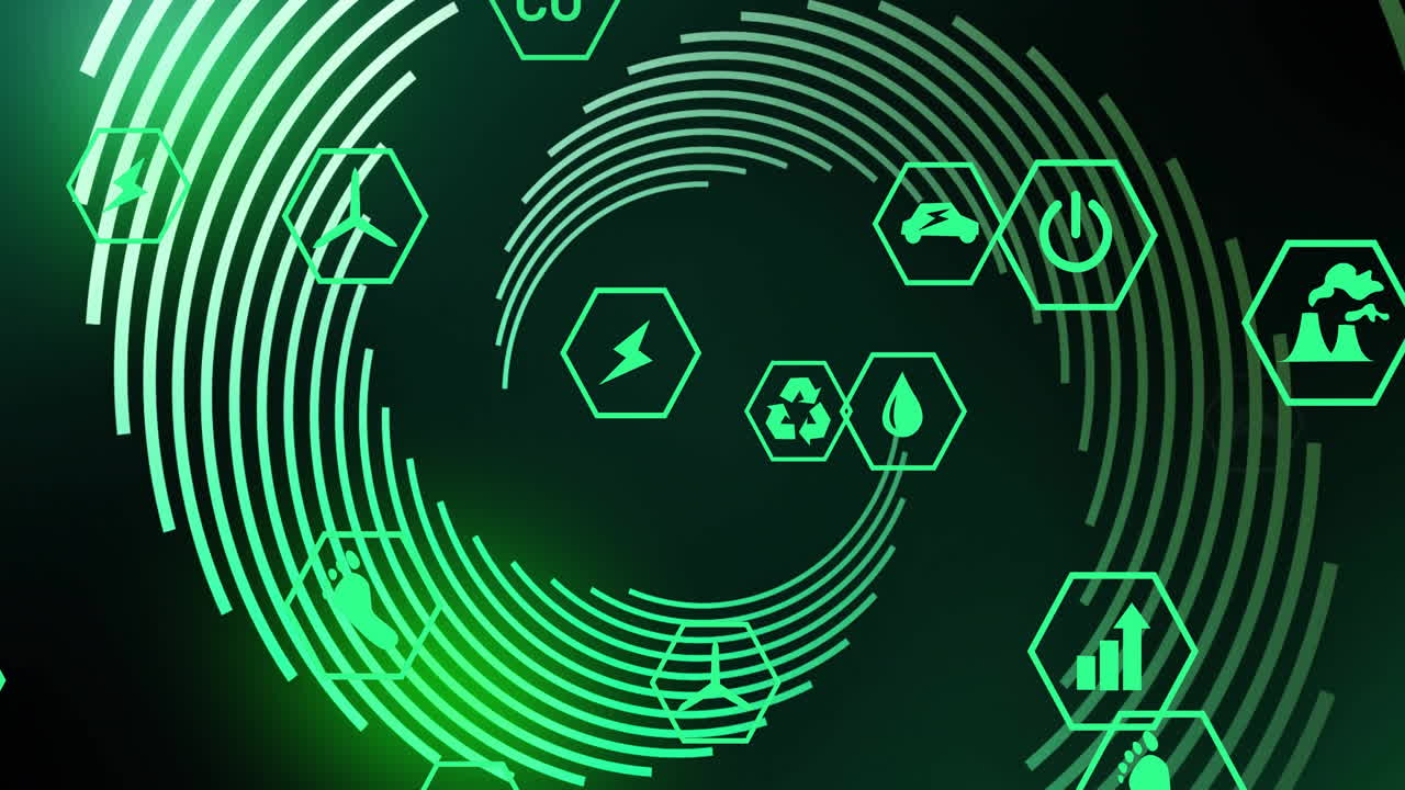 Central neon green data visual being animated in interface with flat glowing hexagon energy icons