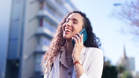 happy woman, phone call and walking in city