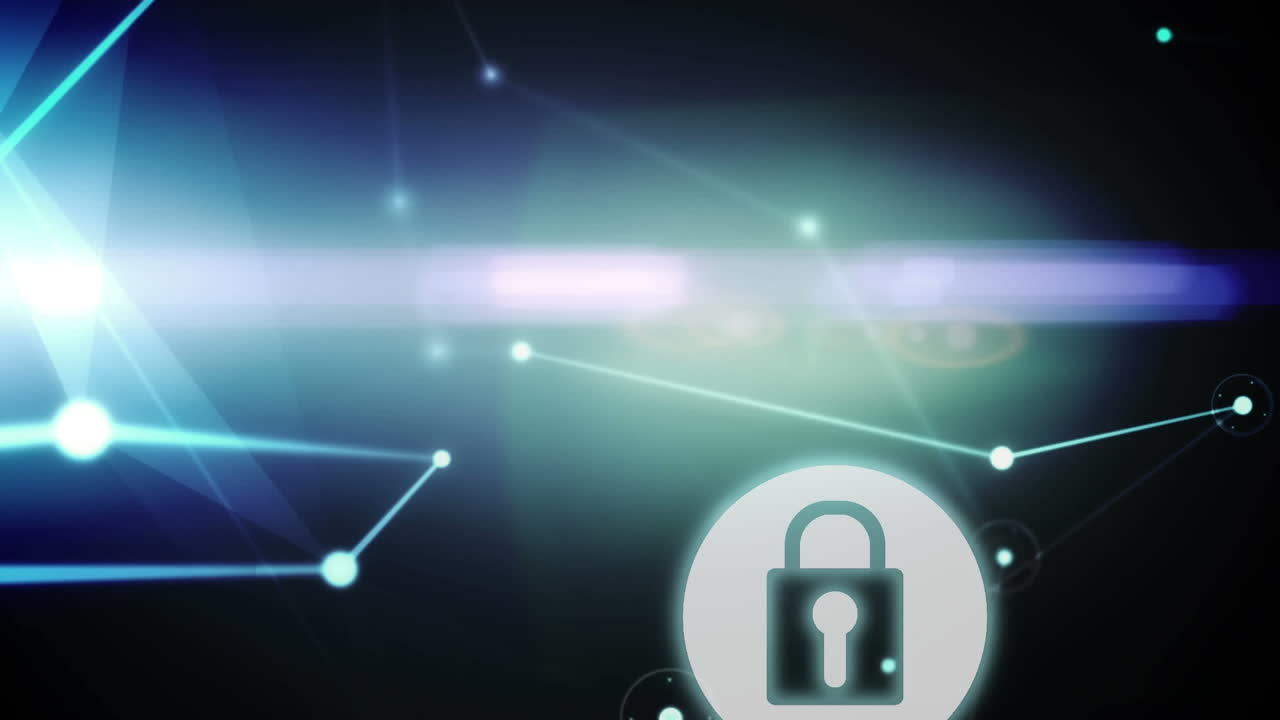 red brillante de conexiones contra el icono de candado de seguridad de neón contra un fondo azul