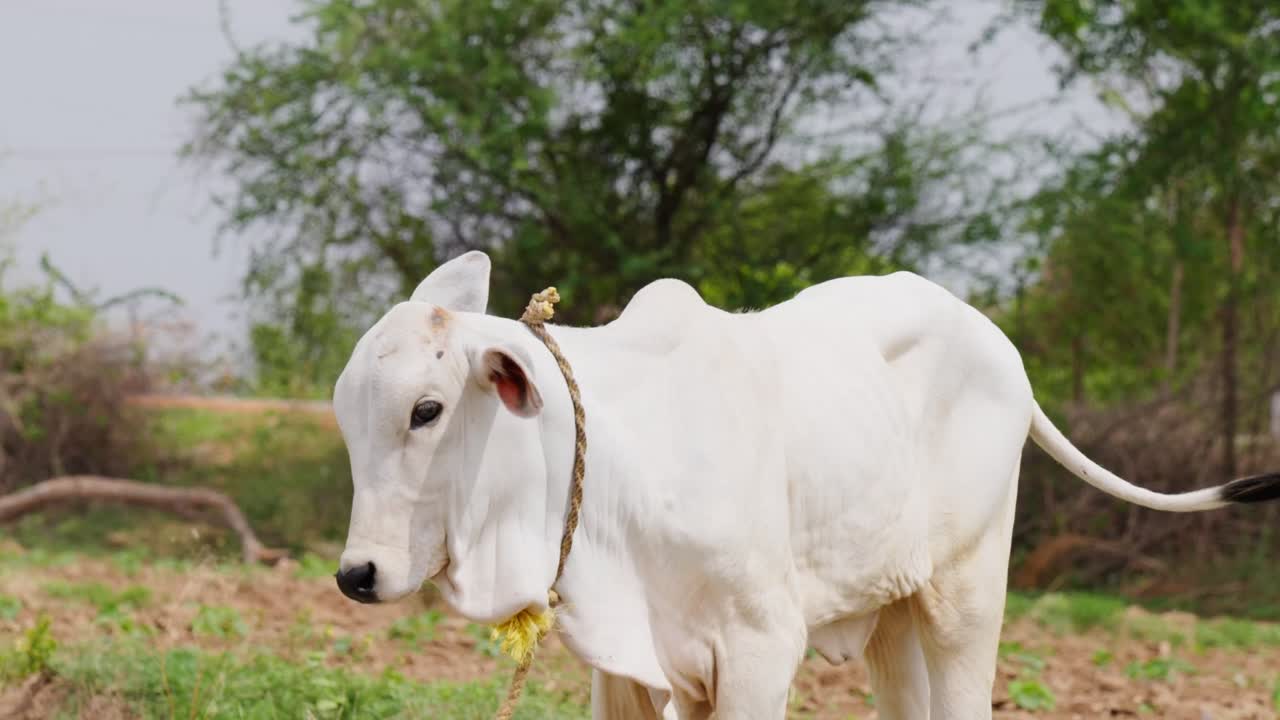indian male calf looking at camera with background trees at telangana, india. day time, stable shot, 4k.