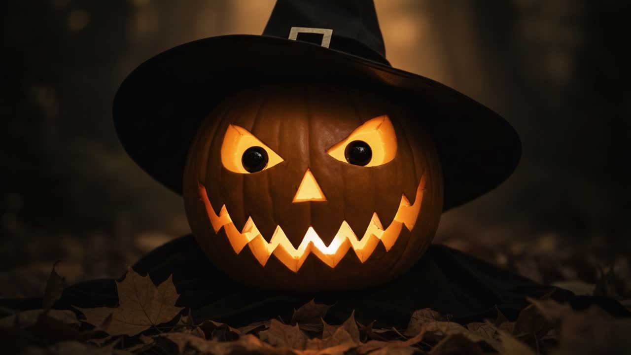 A Sinister Halloween Pumpkin with an Eerie Glow, Cast Against a Mysterious Forest Background, Capturing the Spirit of Halloween Night and Celebration