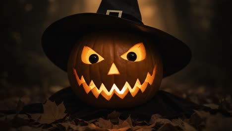 a sinister halloween pumpkin with an eerie glow, cast against a mysterious forest background, capturing the spirit of halloween night and celebration