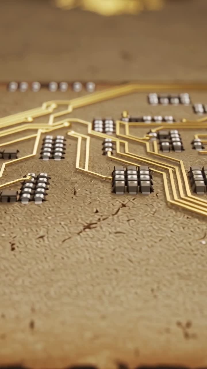 Vertical video: Panning camera shifting forward left across PCB, showing gold traces and SMD pads