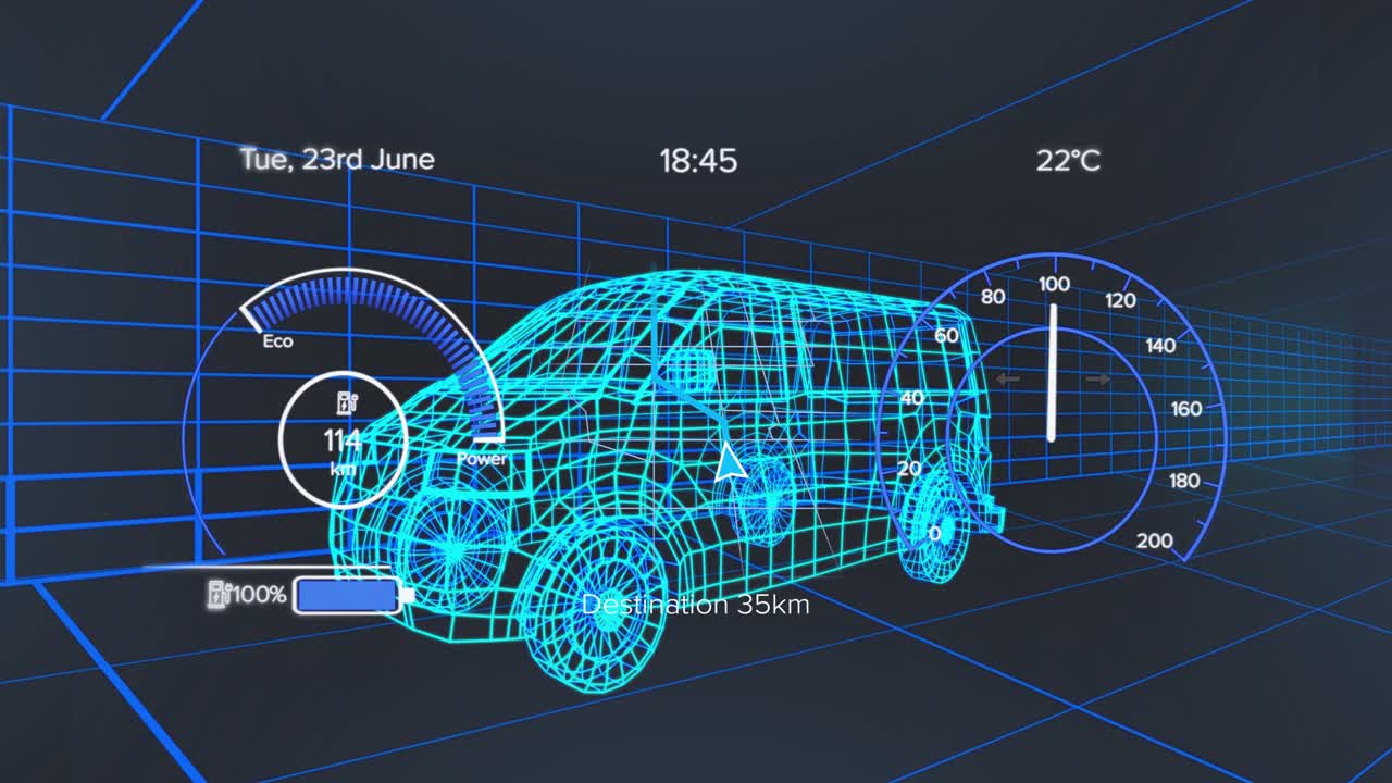 Battery gauge rising then dropping when UI loads, cyan SUV showing charge and speed shifts