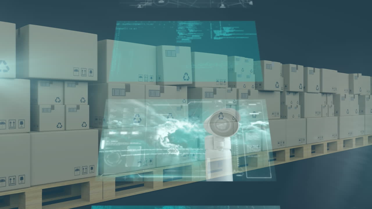 animación del procesamiento de datos sobre cajas de cartón en cinta transportadora en el almacén