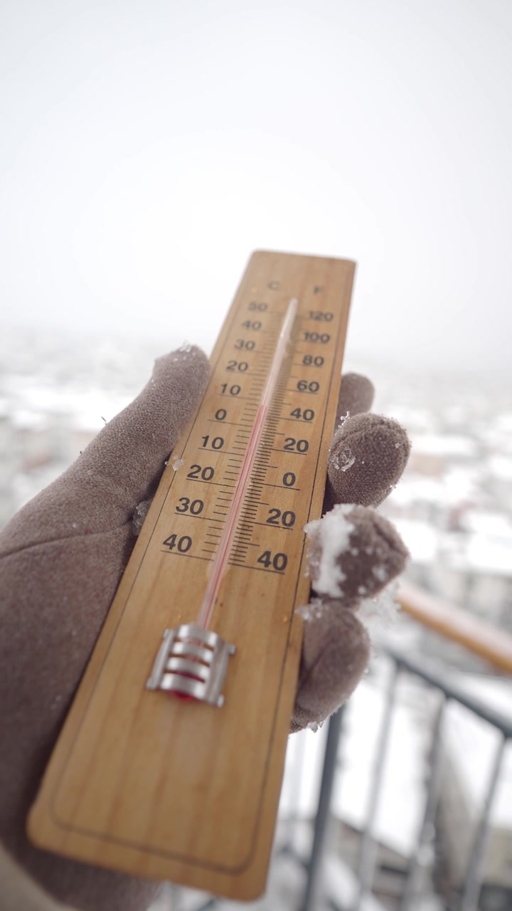 Gloved Hand Holding Thermometer in Snowy Winter
