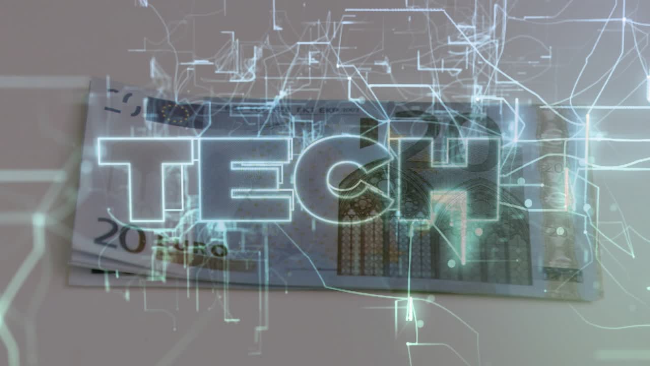 Digital circuit overlay appearing sparking 20€ notes shifting and TECH text glowing showing fintech